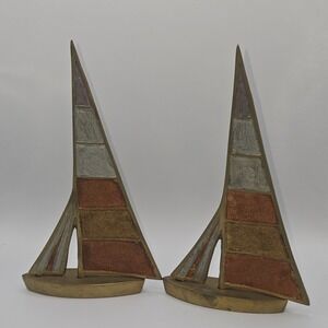 Mid-Century Modern Sailboat Metal Bookends Antique Finish Brown Gold Silver